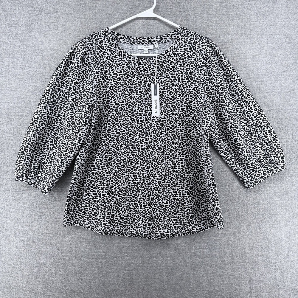 Chicos Zenergy Top Women Size 2 Women Puff Sleeves Jacquard Print NEW $85